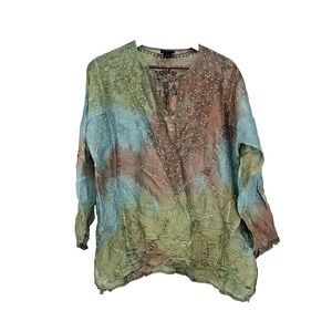 Betty B Boutique Blue Brown Lime Sheer Overlay Tunic Top Cover Up Boho Fairy